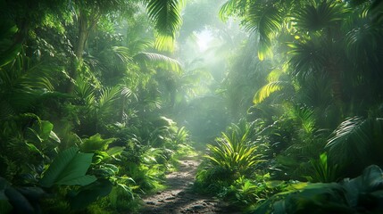 Path Through Lush Green Jungle Forest with Sunlight Streaming Through Canopy