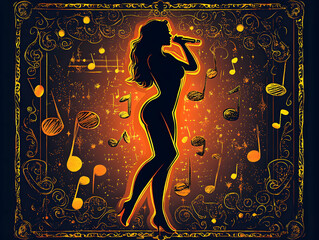 Silhouetted singer with musical notes on an intricate ornate background in gold and black for vintage flair