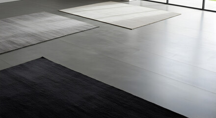 Obraz premium Modern Interior Design Featuring Rugs on a Concrete Floor in a Brightly Lit Room
