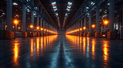 Industrial Warehouse Interior with Reflections and Ambient Lighting