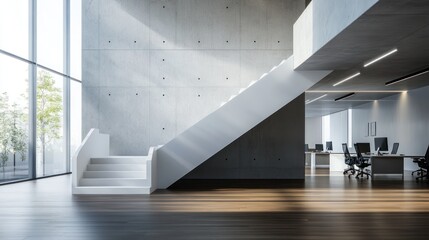 Obraz premium Modern office interior with concrete walls and white stairs. Sunlight streams through large windows