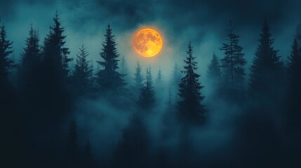 Orange moon rising over a misty, dark forest