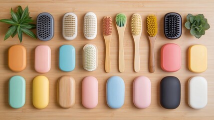 Wooden Background Displaying Colorful Assortment of Personal Care and Hygiene Items