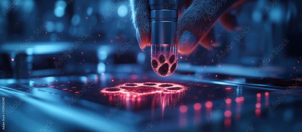 Poster a futuristic paw print is being scanned or created using advanced technology