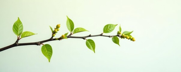 Fototapeta premium Thin branch with small leaves and buds hanging from the end, tree branch, white space, clean