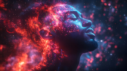 The profile of a persons face illuminated with notes and nebula clouds creating a vibrant space-themed spectacle