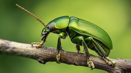 Vibrant green beetle on branch