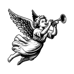 Angel flying playing trumpet sketch engraving black and white outline. Scratch board imitation. illustrated in vintage line art style on a white background. 