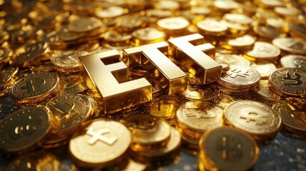 3D Rendering of Golden Coins with ETF Text Conceptualizing Approved Exchange Traded Funds in Cryptocurrency Market