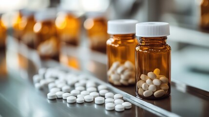 Close-up of Plastic Medicine Bottles with white Pills on Conveyor at Pharmaceutical Production Plant