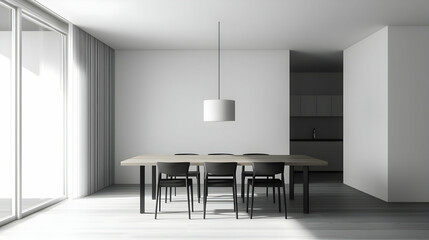 Fototapeta premium Modern Minimalist Dining Room With Large Window And Wooden Table
