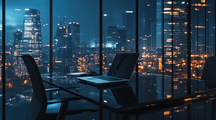 Modern office with city view at night