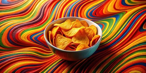 A bowl of crispy, seasoned tortilla chips rests on a vibrant, multicolored, wavy surface.  The contrasting textures and colors create a visually appealing and appetizing scene.