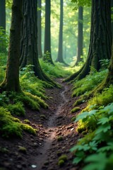 Muddy forest floor with moss and ferns, dark tree trunks and twisted roots, grunge texture, forest, dark