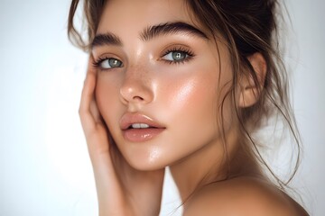 Fototapeta premium Beautiful young woman touching her face with clean skin on a light background, showcasing natural beauty and skincare concept Fresh and radiant appearance enhances the image,
