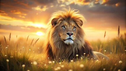 Majestic Lion at Sunset in Serene Grassland, a Symbol of Wild Beauty and Untamed Power