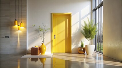 Sunlit Interior Entryway with Vibrant Yellow Door and Minimalist Decor