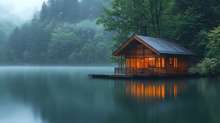 Fototapeta premium Lakeside cabin at dusk, illuminated windows reflecting on calm water.