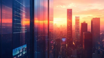 Fototapeta premium Modern city skyline at sunset viewed from a skyscraper with server room windows.