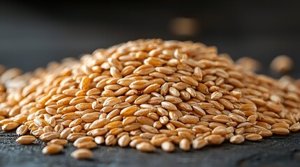 Obraz premium Close-up of a pile of golden wheat grains on a dark surface.