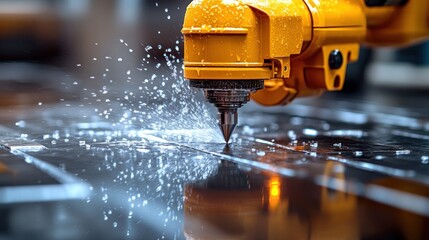 Robotic arm precision waterjet cutting metal sheet