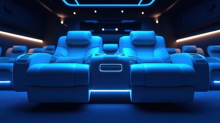 Luxurious home theater with power recliners and ambient blue lighting