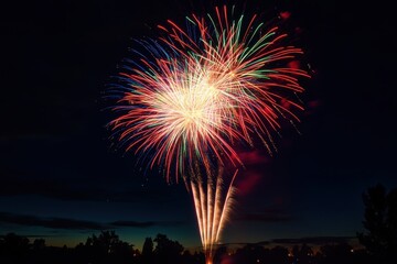 Fireworks display at night with triadic colors and negative space below