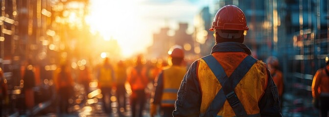 Construction team of engineers standing confidently at work site with safety gear and bright sunny background