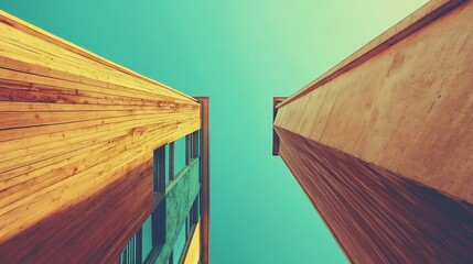 Modern wooden buildings, city sky, low angle, architectural design