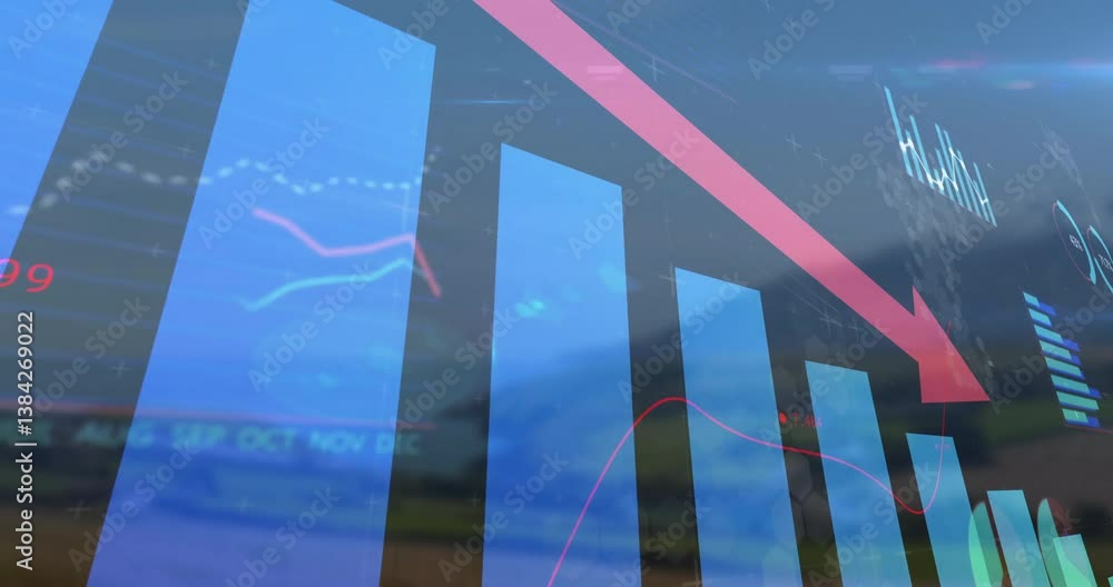 Poster animation of bar graph with downward arrow showing financial decline over landscape