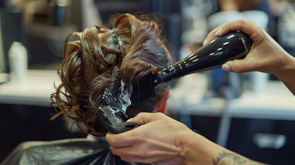 A stylist creating a voluminous blowout for a client. stock image, hd quality, natural look, blog post, fashion post, styling, hair care.