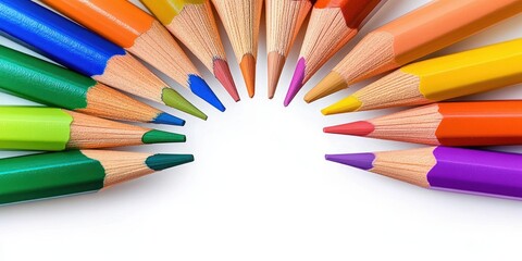 Fototapeta premium Radial Arrangement of Colored Pencils on White Background Creative Concept Art