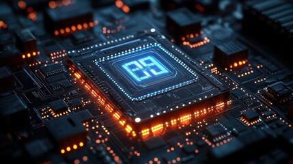 Obraz premium Futuristic AI Chip on Dark Circuit Board with Neon Glow for Advanced Technology and Machine Learning Concepts