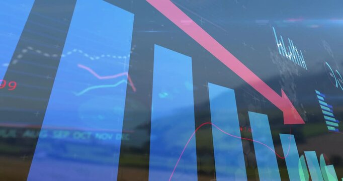 Animation of bar graph with downward arrow showing financial decline over landscape
