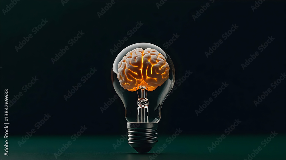 Poster illuminated brain inside lightbulb on dark background