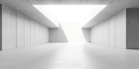 Minimalist concrete interior with abstract space, high ceilings and soft lighting in industrial design