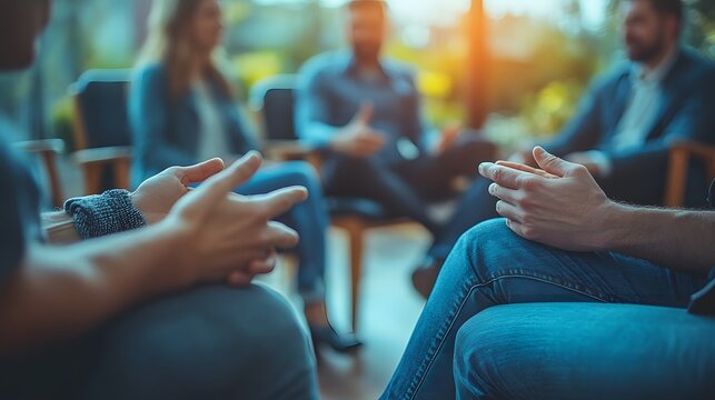 A group of people sitting in chairs, with one person's hands open and another pointing at them, representing sharing their experiences during therapy or support groups,

