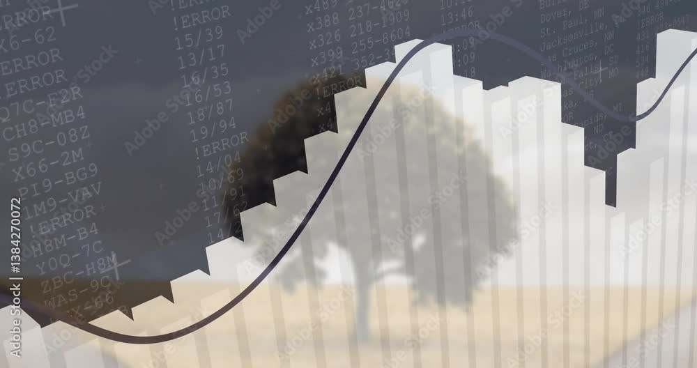 Poster fluctuating financial graph with tree silhouette and data error messages in animation