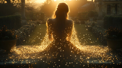 Obraz premium Woman at sunrise in elegant dress in a garden illuminated with golden light