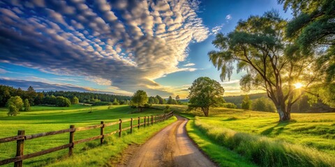Fototapeta premium Serene Country Road at Sunset, with Lush Green Meadows, Wooden Fence, and Majestic Trees under a Dramatic Sky