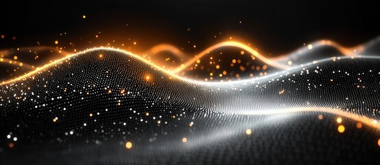 Abstract Digital Art Wave of Glowing Dots Flowing into Musical Notes in Black and White Design