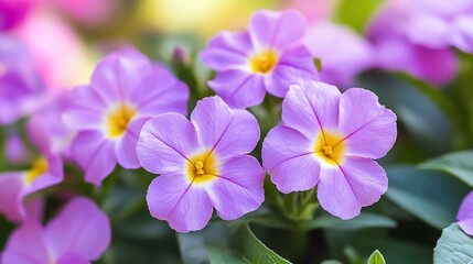 Purple primrose blooms with yellow centers, growing outdoors, blurred pastel garden