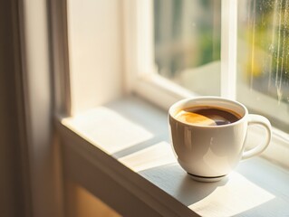 Freshly brewed coffee on windowsill with morning sunlight and negative space on left