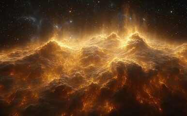 Fototapeta premium Golden Cosmic Light Nebula and Glowing Star Clusters in Deep Space