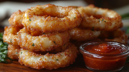 Crispy Fried Onion Rings Stacked on Wooden Board with Ketchup Dip