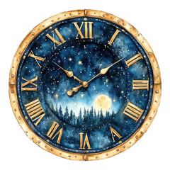 beautiful watercolor clock featuring starry night sky, moon, and forest silhouette, perfect for New Year Eve celebrations