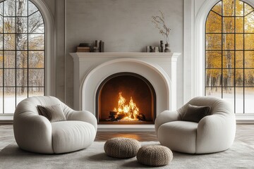 Fototapeta premium Elegant Minimalist Interior Design with Classical Armchairs and White Fireplace