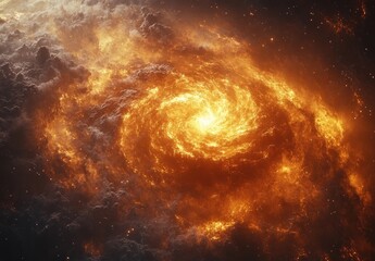 Obraz premium Majestic Cosmic Nebula in Space Illuminated by Golden Light Emission Stars and Interstellar Clouds