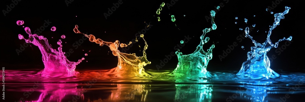 Poster Floating gasoline droplets captured in high-speed photography with vibrant neon colors showcasing their unique shapes and patterns