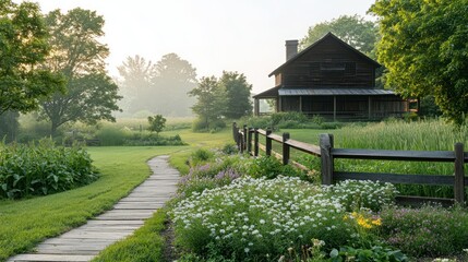 Obraz premium A wooden pathway leads to a rustic house in a serene garden